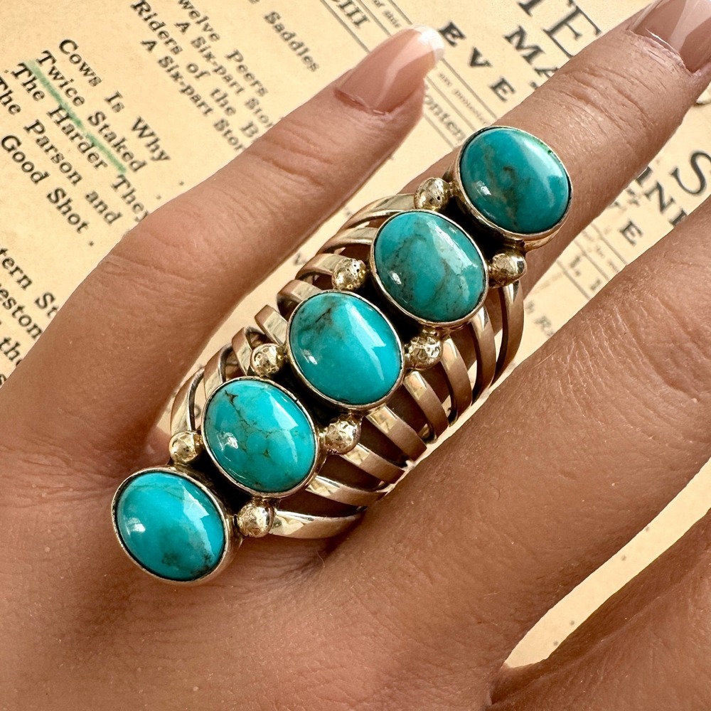 Long Navajo Turquoise Ring Sz 8 Sterling Thomas Yazzie Native American 5 Stone
